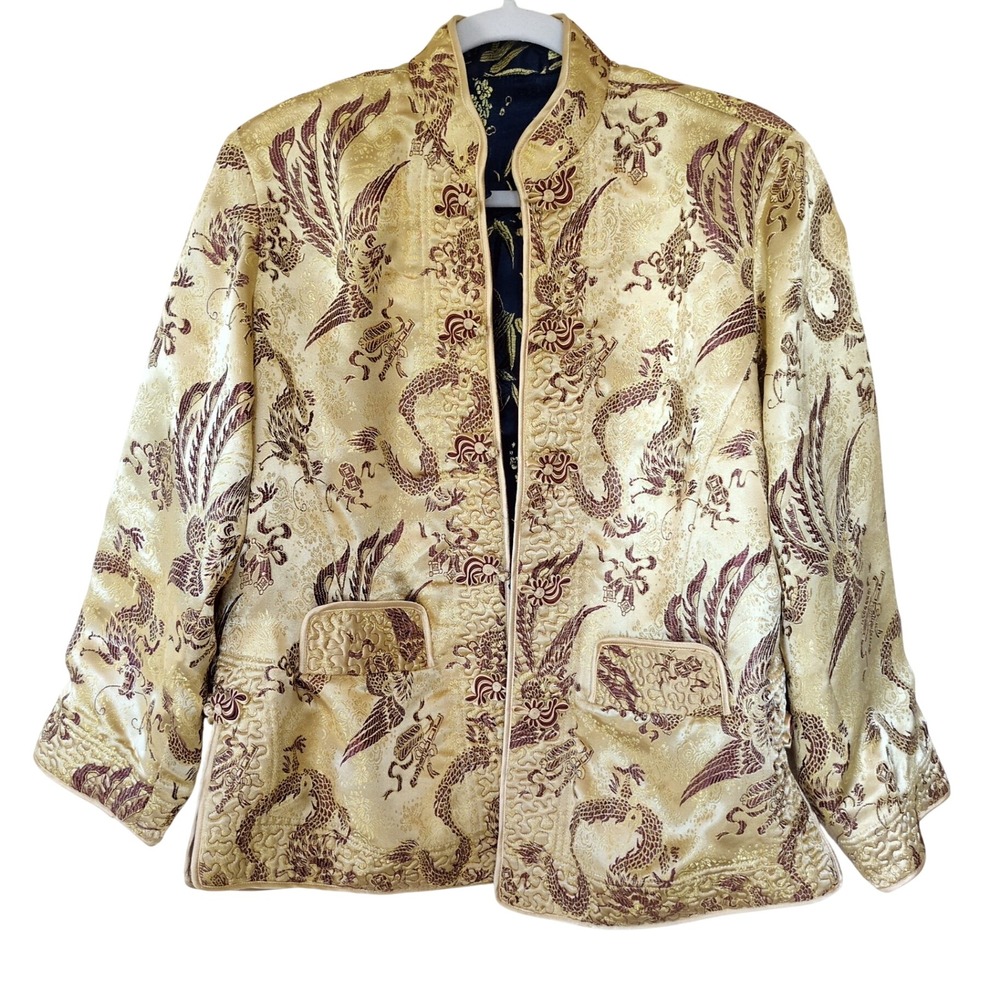 VTG Reversible Chinese Brocade Jacket Dragon Phoenix Frog Closure L 80s 90s Tang - Picture 2 of 9